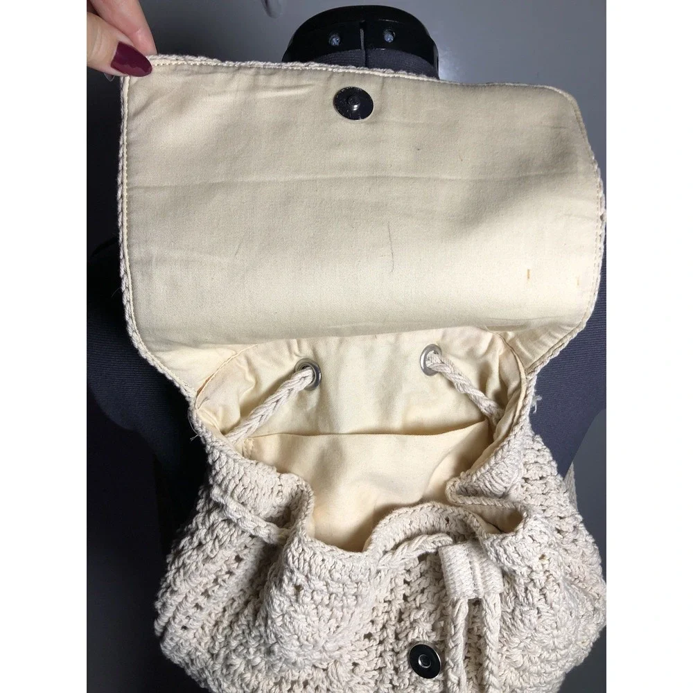 Crochet Backpack Cottagecore Boho‎ Festival Drawstring Cotton Cream STAINED